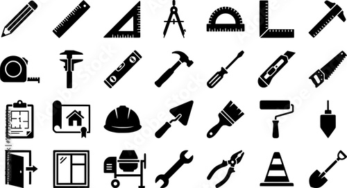Collection of black architectural tool icons including compass, ruler, and protractor designs
