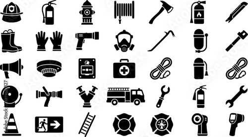 Firefighter equipment icons: axe, hose, helmet, extinguisher, hydrant, boot
