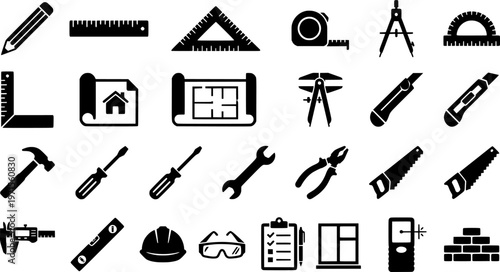 Collection of black architectural tool icons including compass, ruler, and protractor designs
