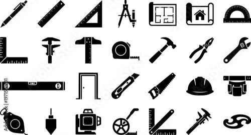 Collection of black architectural tool icons including compass, ruler, and protractor designs
