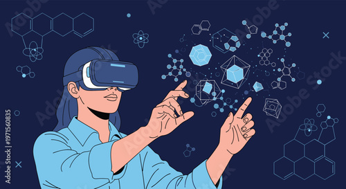 Young woman wearing virtual reality goggles interacting with digital molecules and chemical structures in dark space.