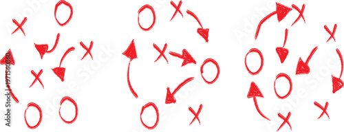 Hand drawn red ink tactical playbooks showing intricate sports maneuvers with circles representing offensive player positions and crosses marking defensive team formations while dynamic arrows illustr