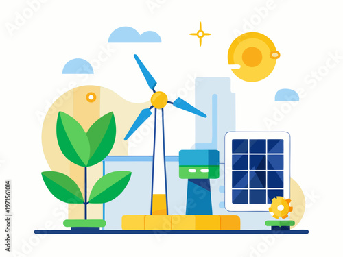 Illustration of renewable energy sources including wind, solar, and plant life