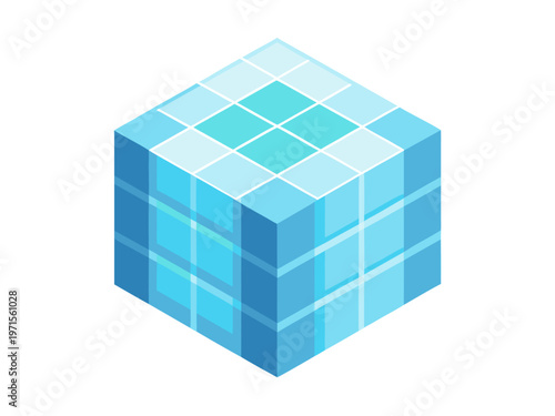 A stylized three-dimensional grid cube composed of smaller square segments