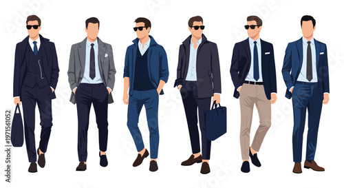 Collection of fashionably dressed men in different formal and casual outfits like suits and overcoats for retail store.