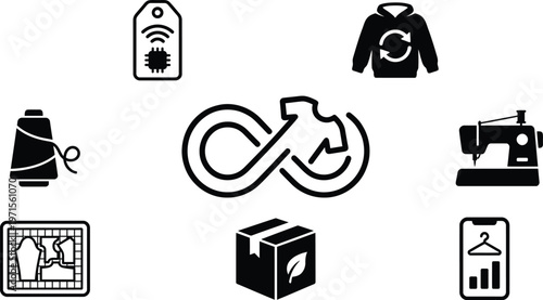 Sustainable fashion and circular economy icons for textile industry, featuring eco-friendly manufacturing, smart apparel technology, recycling, and ethical garment production symbols.