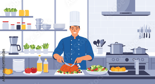 Skillful chef carving a roasted turkey in a professional kitchen surrounded by fresh salads and plates for a banquet.