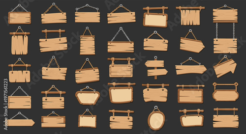 Huge collection of blank wooden signs of various shapes hanging on chains for labels shop names and signage designs.