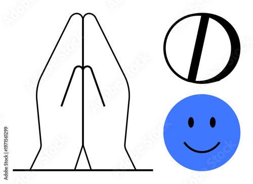 Praying hands graphic. Praying imagery combined with a blue smile face and abstract symbol communicates positivity, mindfulness, and abstraction. For mental health, spirituality, wellness