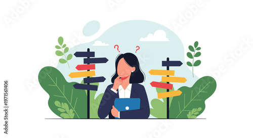 Confused businesswoman standing at a crossroads with multiple signposts pointing in different directions for choice.