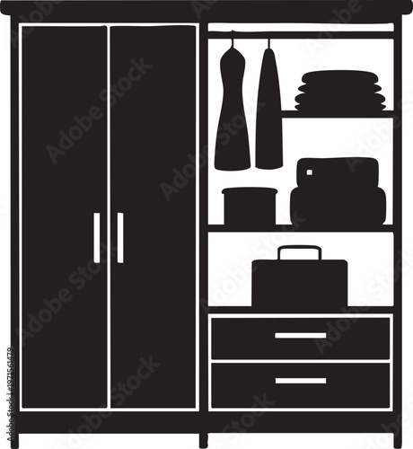 Modern wardrobe organization system with hanging clothes and storage boxes logo icon