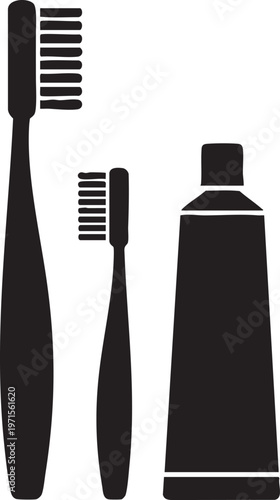 Toothbrush and toothpaste silhouette logo for dental hygiene and oral care on transparent background