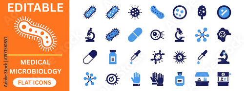 Medical microbiology and bacteria research flat icons set. Virus, bacteria cell, microscope, capsule, pipette, dna, laboratory equipment