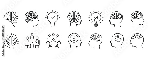 Black line icons of business ideas and innovation concepts with people and brains