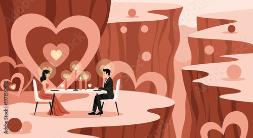 Romantic Couple's Romantic Dinner Date on Cliff Overlooking Heart Shaped Valley