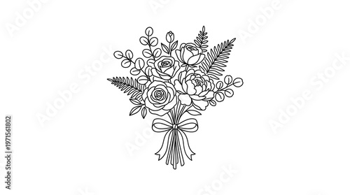 Floral bouquet line art.