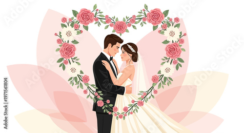 Romantic Wedding Couple Embracing Inside Floral Heart Frame