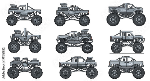 Detailed set of monster truck variations with large wheels and grey bodies is presented as a sprite sheet for game design and animation.