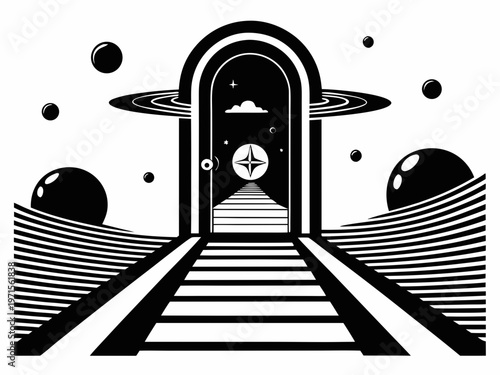 Mysterious arched entrance leading into a dark, unknown passage with celestial elements