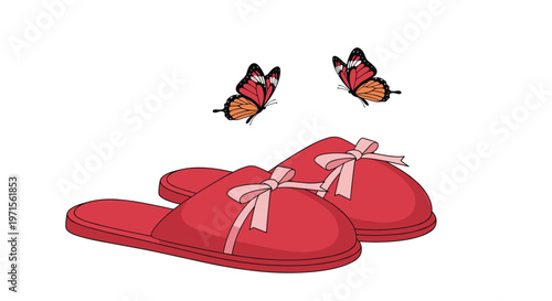 Pair of cozy red slippers decorated with pink bows sits on a white surface with two colorful butterflies fluttering above them.