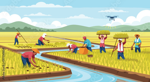 Traditional farmers work in a lush green rice field while a modern drone flies overhead monitoring the agricultural process from above.