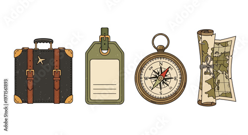 Vintage travel accessories on white background.
