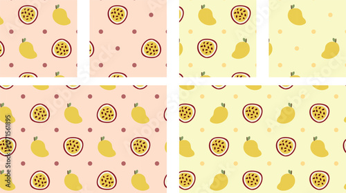 Tropical Mango and Passion Fruit Seamless Pattern, Exotic Mango with Passion Fruit Decorative Background,  Bright Mango and Passion Fruit Repeat Design