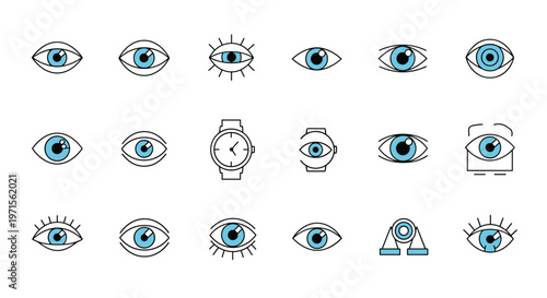 Comprehensive set of icons related to eyes, vision, and optics features various stylized eye designs and a wristwatch in blue and black.