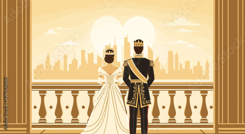 Royal Couple Admiring Cityscape with Heart Symbol, Royalty Love Concept