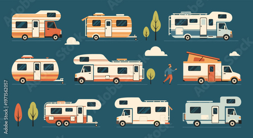 Assorted collection of camper vans, motorhomes, and travel trailers is displayed in a flat design style against a dark blue background.
