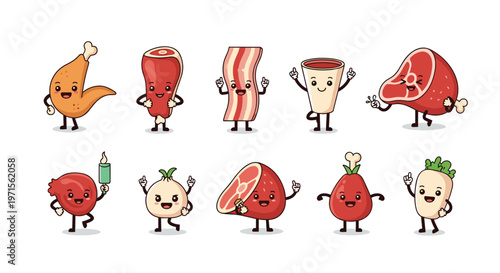 Series of adorable cartoon characters representing various types of meat and eggs are depicted with friendly faces on a white background.