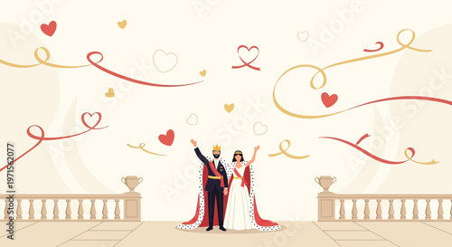 Royal Couple Celebrating Love with Hearts and Ribbons