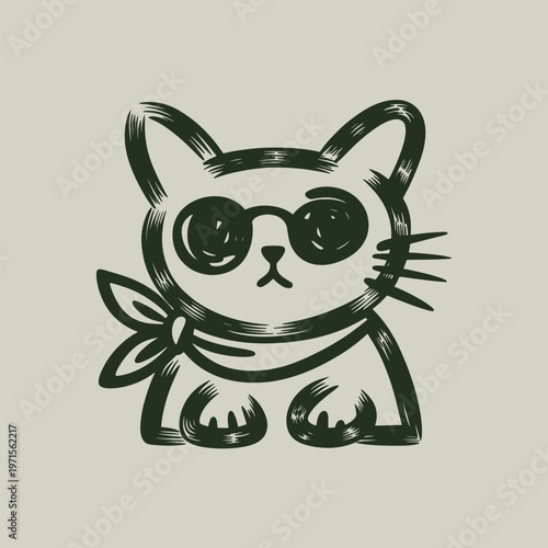 Whimsical sketch of a sitting cat with round glasses and bandana