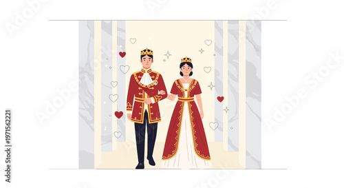 Royal Couple in Elegant Attire, Crowned King and Queen, Love Hearts
