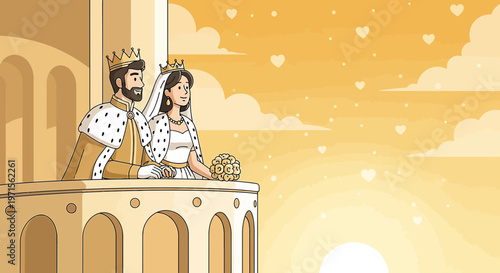 Royal Couple on Balcony at Sunset, Love Hearts in Sky