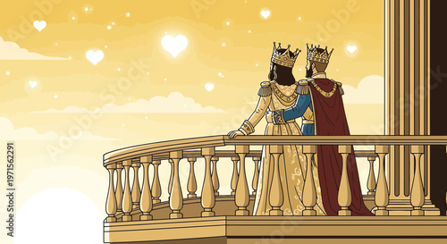Royal Couple on Balcony at Sunset with Hearts