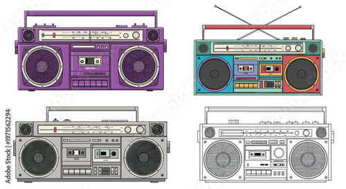 Set of classic retro boombox radio illustrations features different colors and styles from the eighties including a detailed line art version.