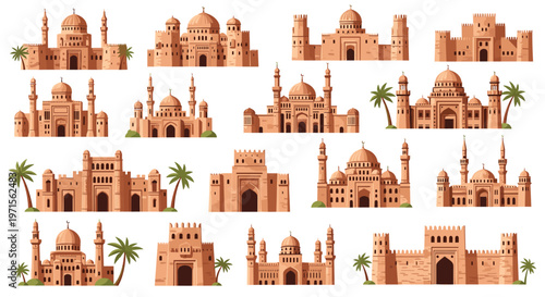 Collection of traditional middle eastern buildings and fortresses with sand-colored walls, domes, and palm trees is displayed on a white background.