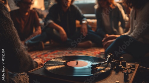 Warm Nostalgic Mood of Friends Listening to Vinyl Record in Cozy Room Setting