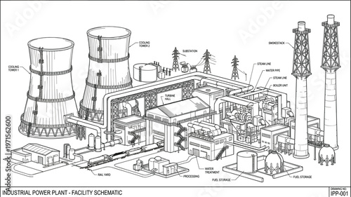 Industrial power plant schematic with cooling towers pipelines reactors and processing units detailed engineering facility vector illustration
