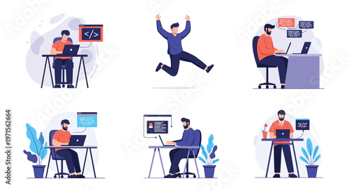 Series of illustrations features male developers working on laptops, coding, and celebrating a successful software release in an office.