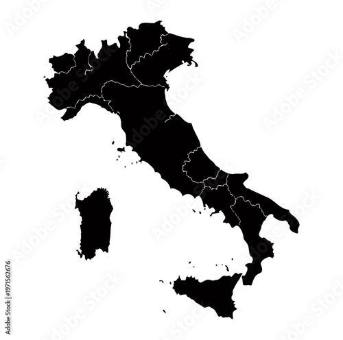 Map of Italy showing regions and islands, dark silhouette on transparent background
