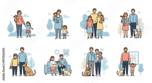 Diverse collection of happy families with children and pet dogs is depicted in various indoor and outdoor settings for lifestyle concepts.