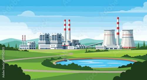 Large industrial power station with cooling towers and chimneys is situated in a wide green valley with a pond under a cloudy blue sky.