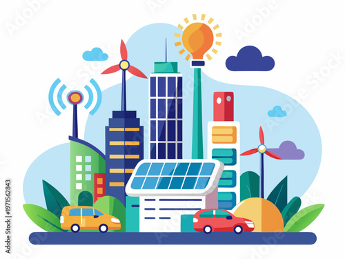 Illustrated futuristic city with renewable energy sources and greenery