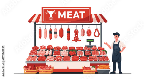 Professional butcher stands proudly at his well-organized market stall featuring an extensive selection of fresh meats and sausages.