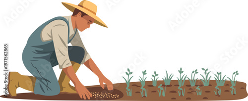 Young farmer kneeling in dirt sowing grain seeds by hand on fertile soil during spring agricultural planting.