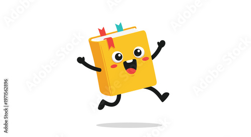 Cheerful cartoon book character with a happy face and bookmarks running forward to represent the joy of reading and education.