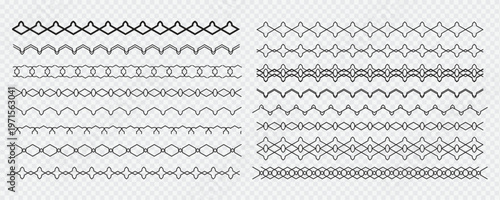 Set of decorative geometric pattern brush lines with black ornamental divider borders featuring seamless linear motifs in abstract diamond wave loop and lattice
