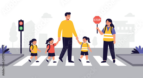 School crossing guard holding a stop sign while helping a father and three young children safely cross the road at a crosswalk.